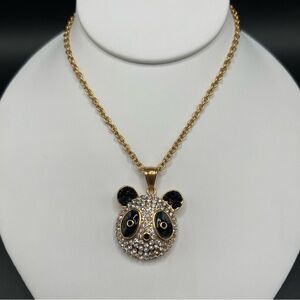 Panda Head Pendant Necklace Crystal & Black Gold Tone Chain 19”